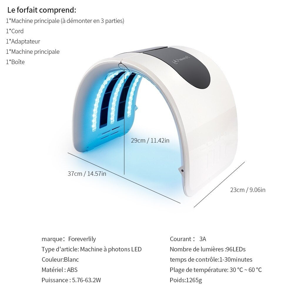 White LED light therapy device with dimensions and specifications on a white background