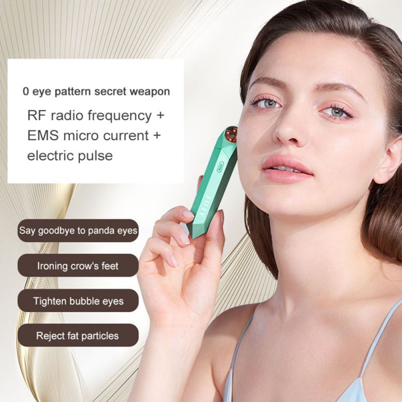 Woman holding a green electronic device with text about eye care technology on a beige background