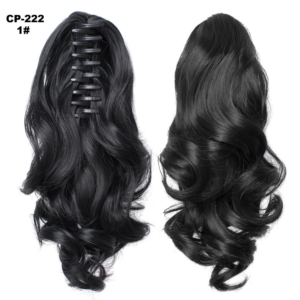 Black hair extension with clip-in and ponytail styles on a white background