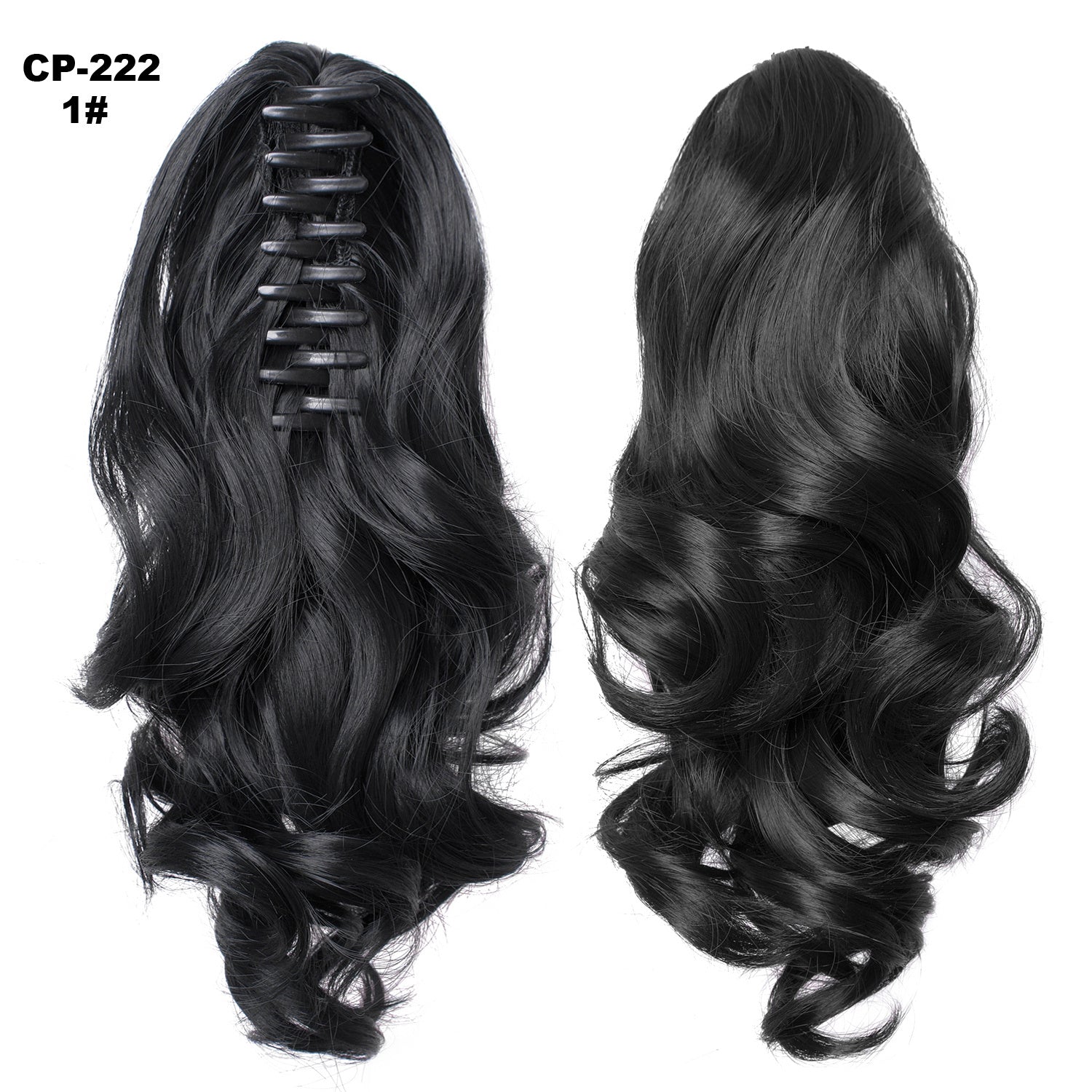 Black hair extension with clip-in and ponytail styles on a white background
