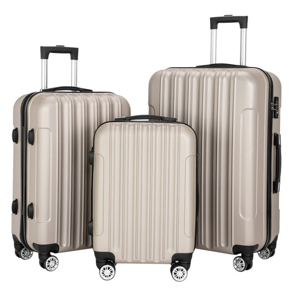 Three beige suitcases of different sizes on a white background