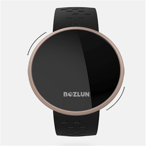 Black smartwatch with a gold bezel on a white background, featuring the BOZLUN brand.