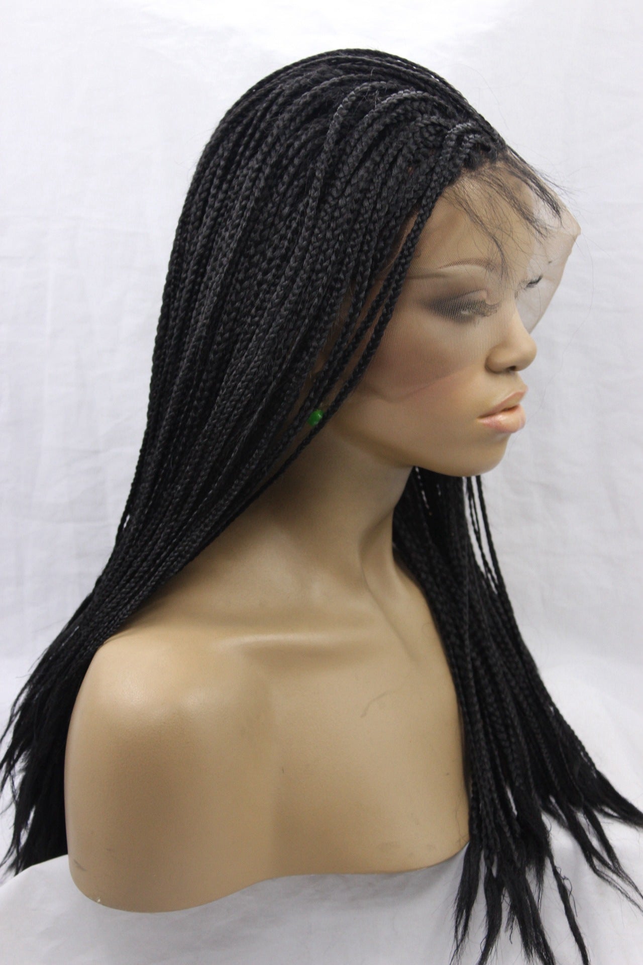 12 black braided wig with lace front displayed on mannequin against white background