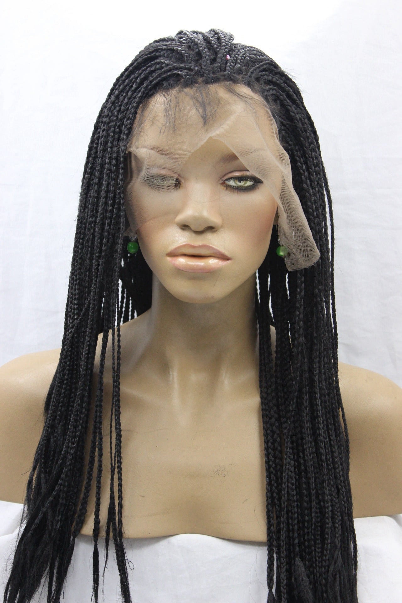 12 product with long black braided hair wig displayed on a mannequin head with lace front.