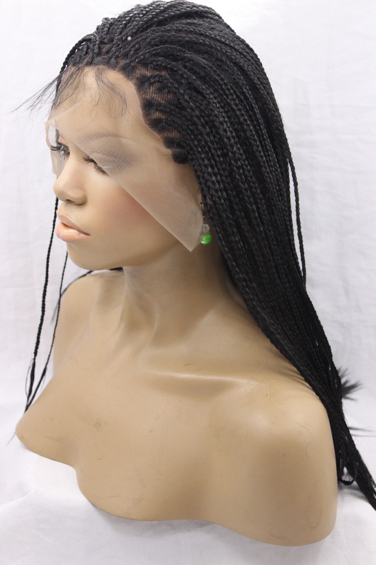 12 product featuring a mannequin head with long black braided hair and a lace front wig displayed