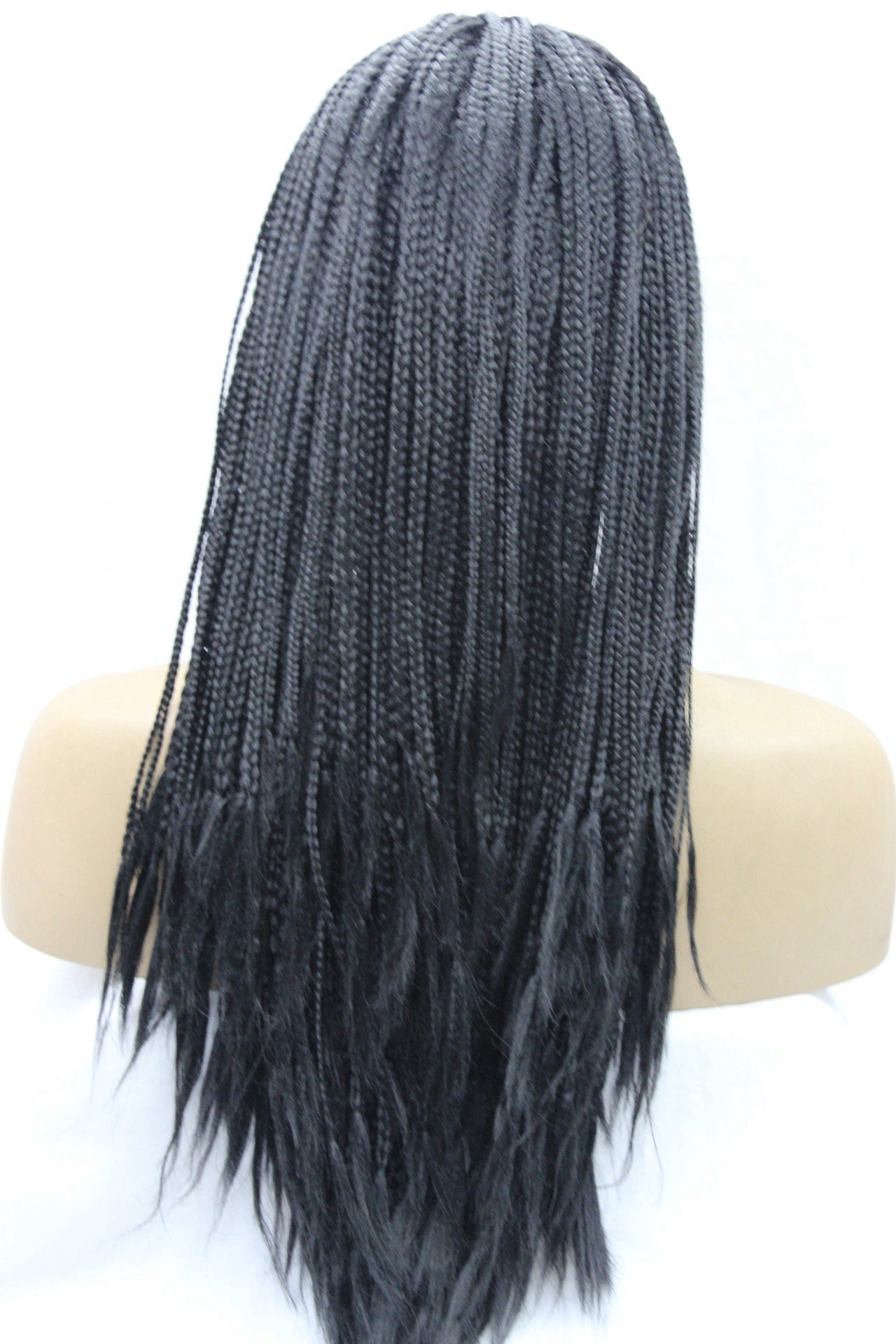 12 product showcasing long black braided hairpiece displayed on mannequin back view