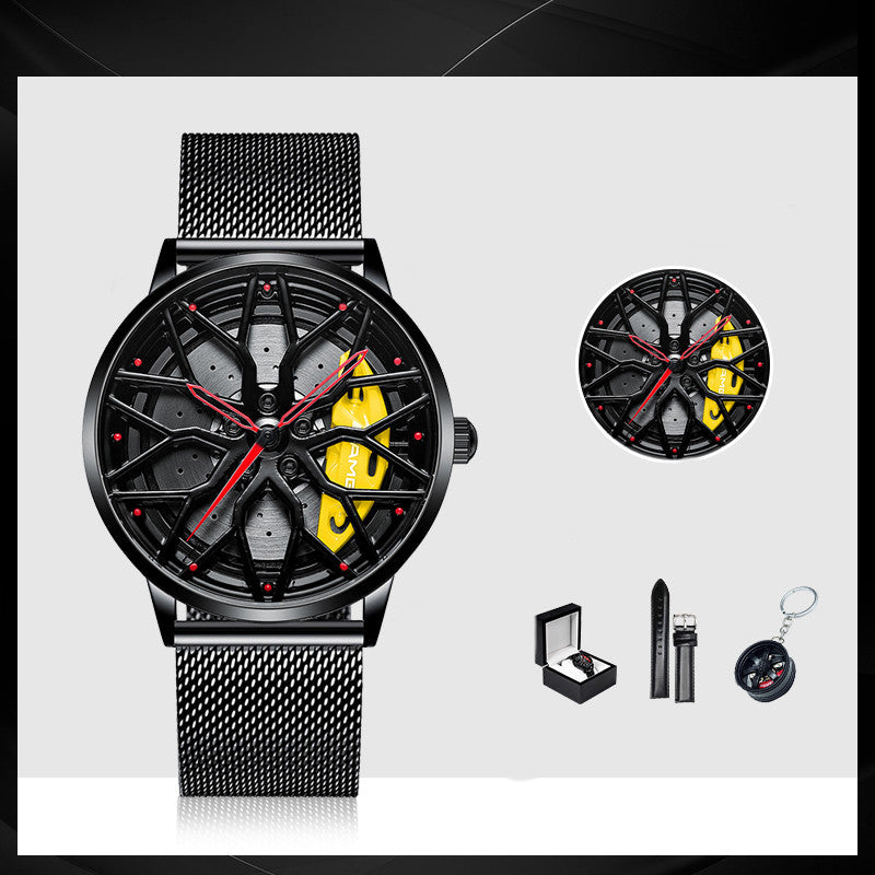 Black watch with yellow and red details, including packaging and keychain on a white background