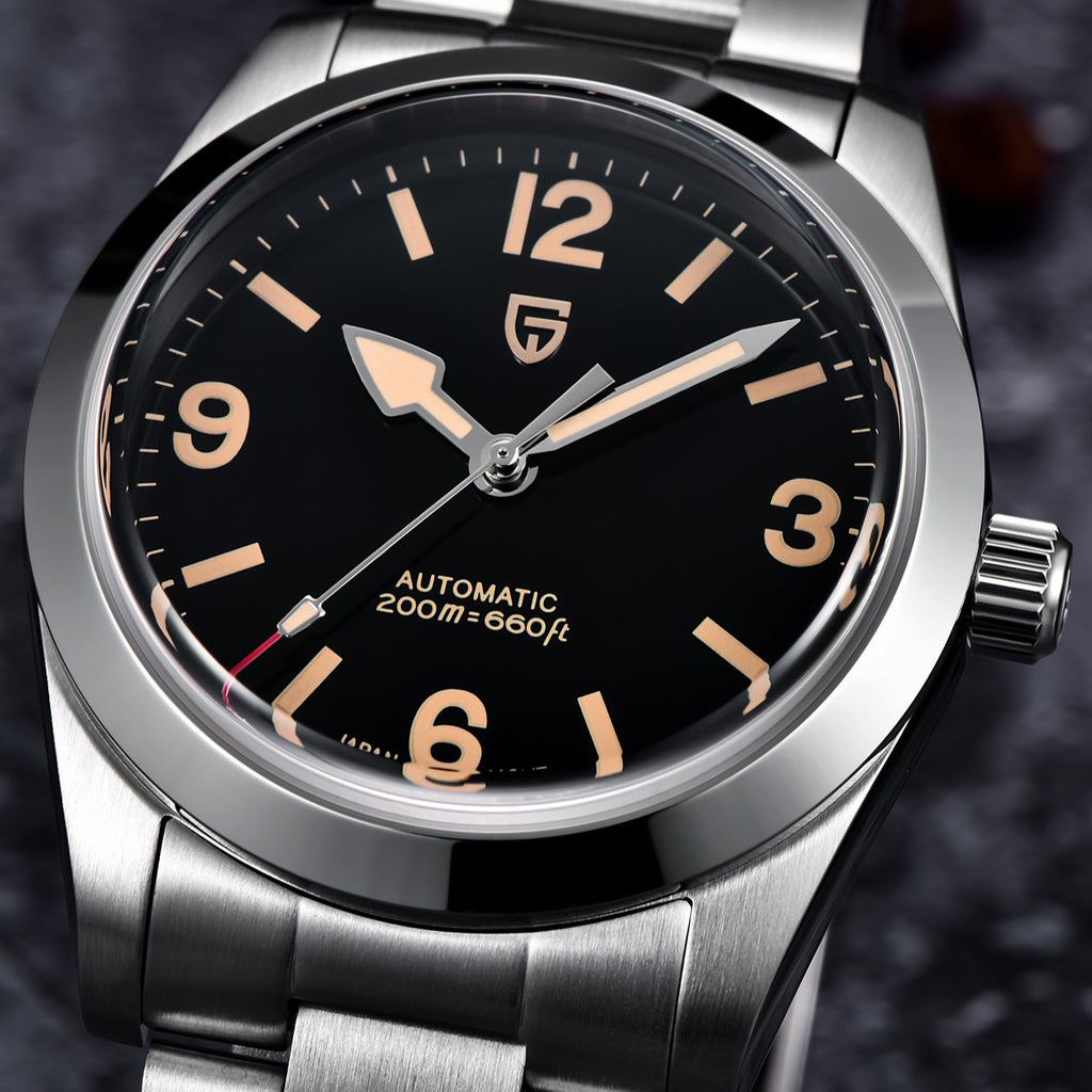 Silver watch with black dial and brand logo on a dark background