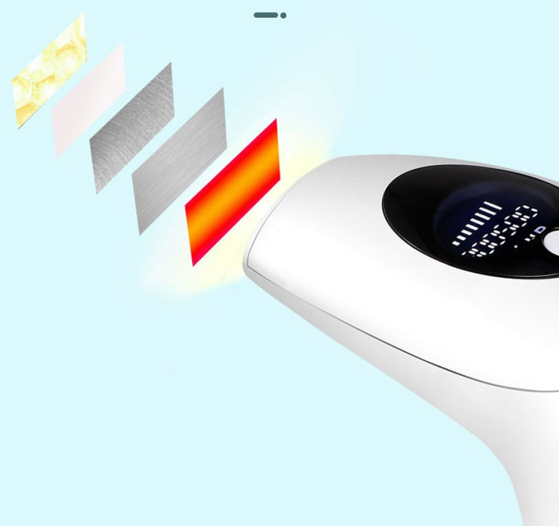 Hair removal device with digital display on a light blue background