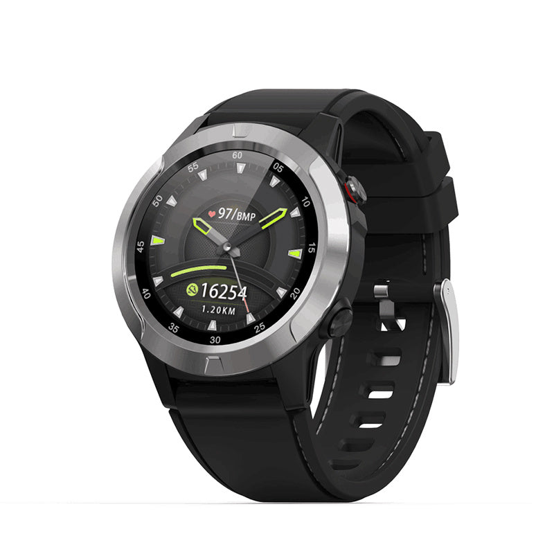 Black smartwatch with a silver bezel on a white background