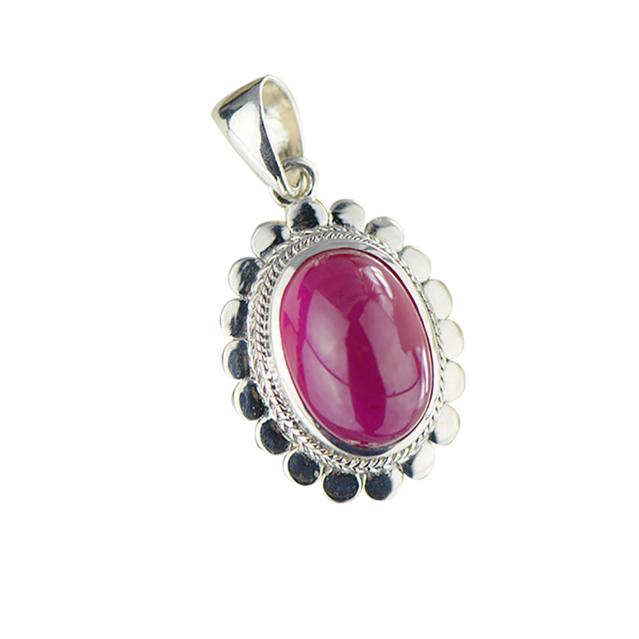 Silver pendant with a pink gemstone on a white background