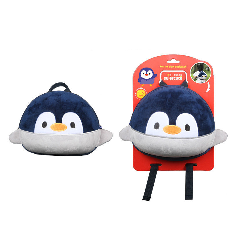 Penguin-shaped backpack with a red packaging display on a white background
