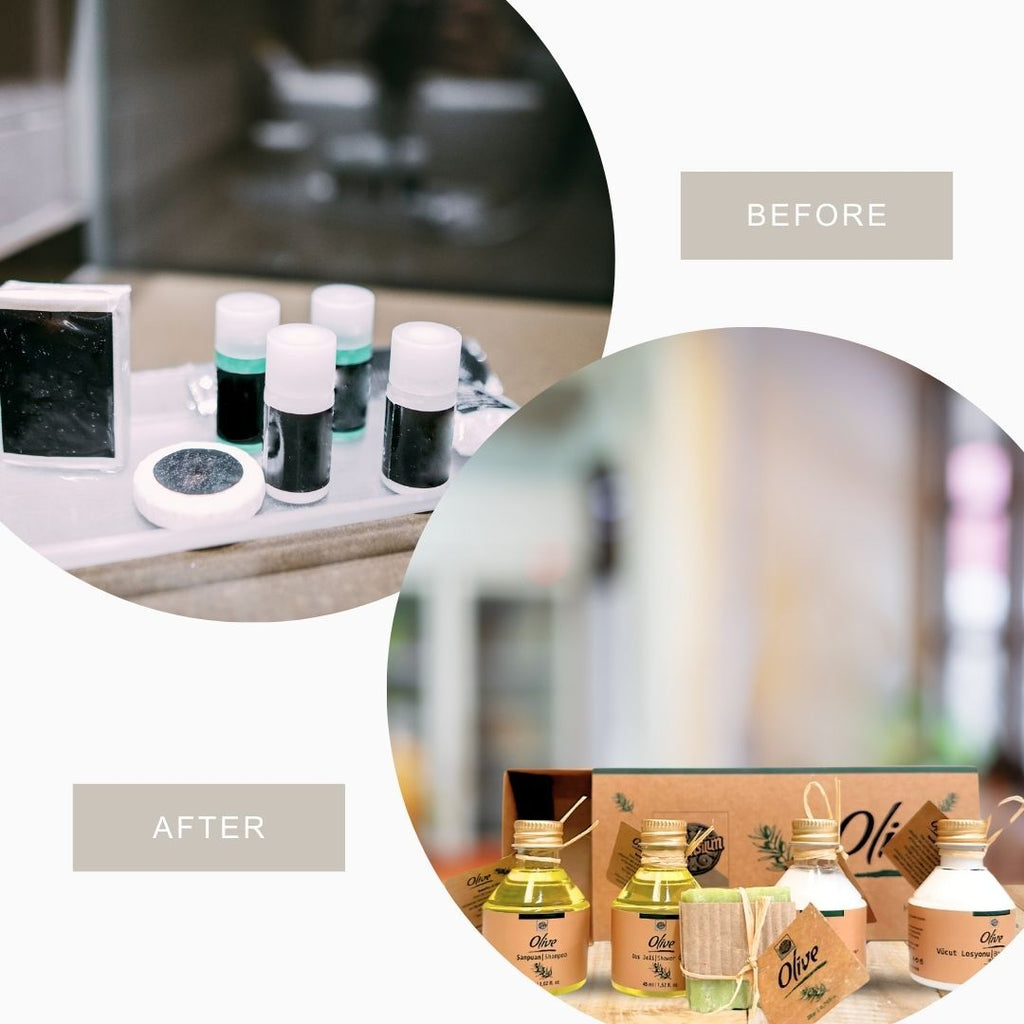 Before and after comparison of a kitchen counter with cleaning products and olive oil packaging.