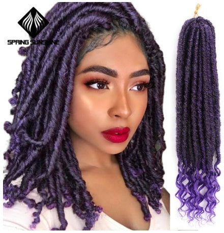Woman with purple braided hair and a close-up of the hair extensions on a white background.