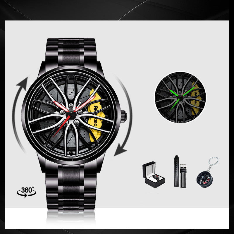 Black wristwatch with car wheel design, additional watch face, box, pen, and keychain on a white background.