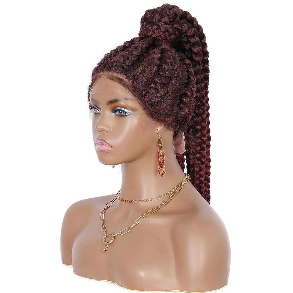 Mannequin head with braided hair styled in a high bun on a white background