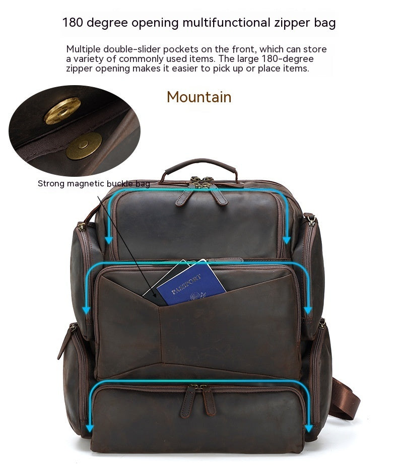 Multifunctional zipper bag with 180-degree opening feature, showing front pocket and magnetic buckle.
