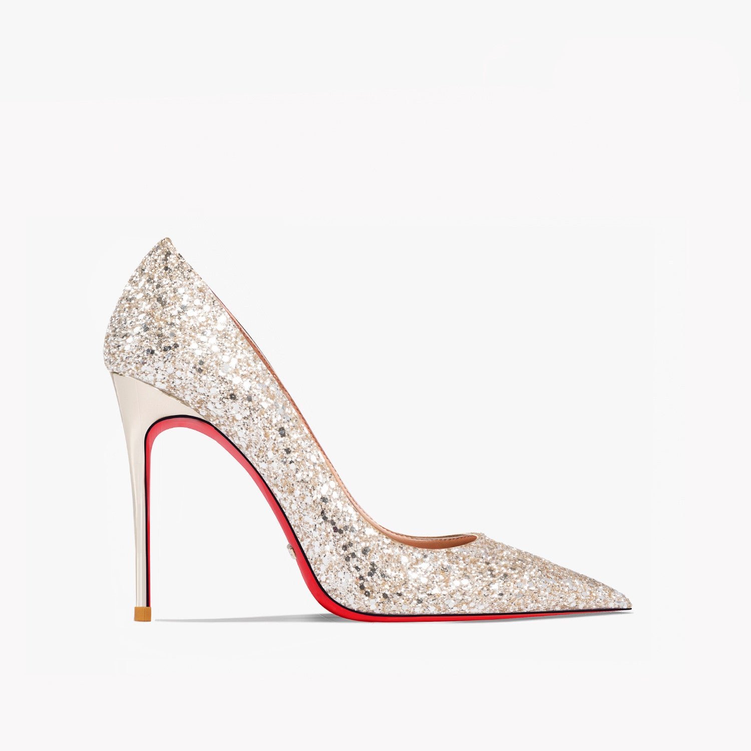 Sparkly high-heeled shoe with red sole on a white background
