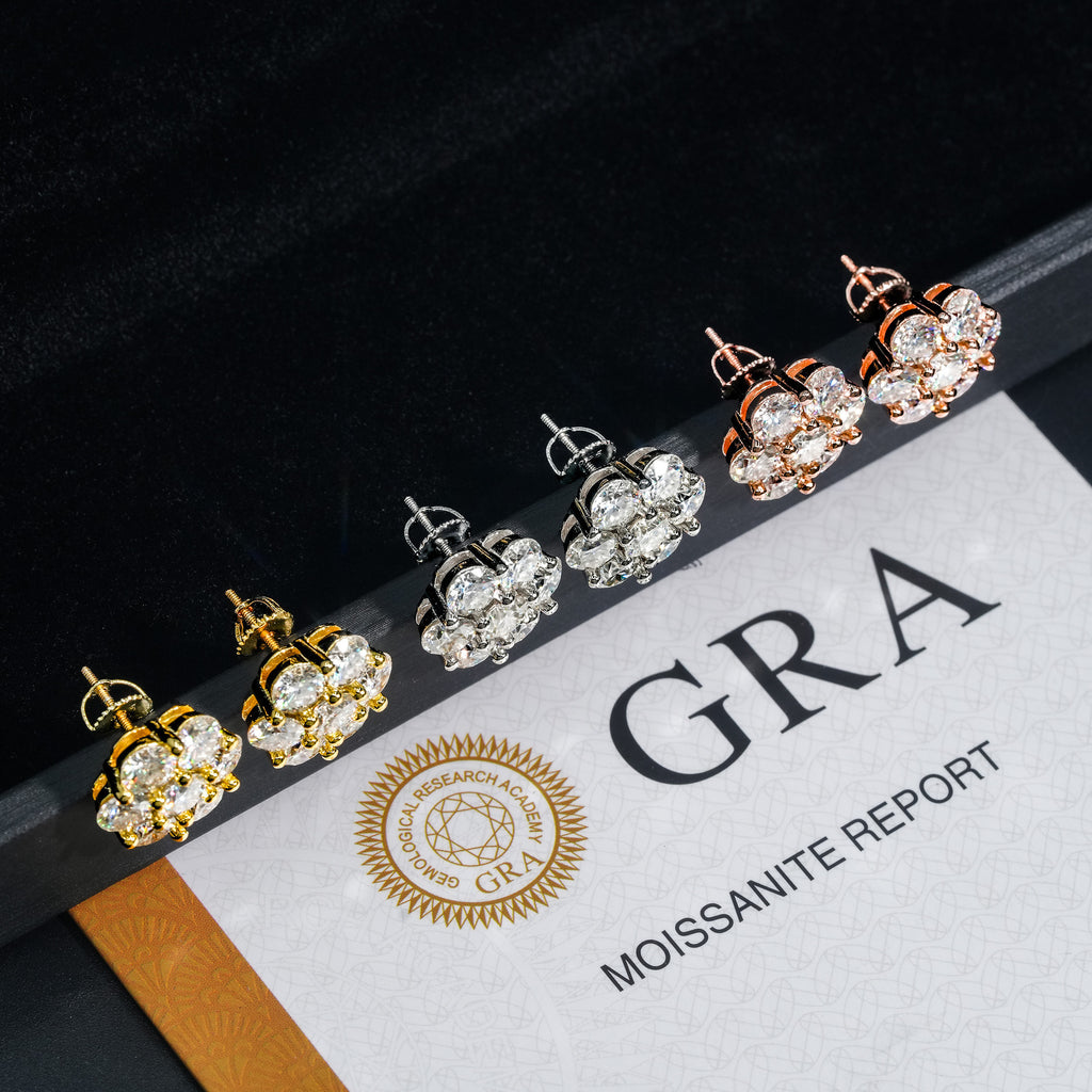 Set of diamond earrings on a GRA Moissanite Report card