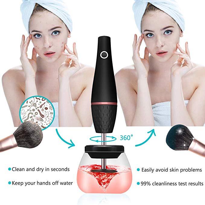 Black handheld device with cleaning and drying features, shown with a woman using it.