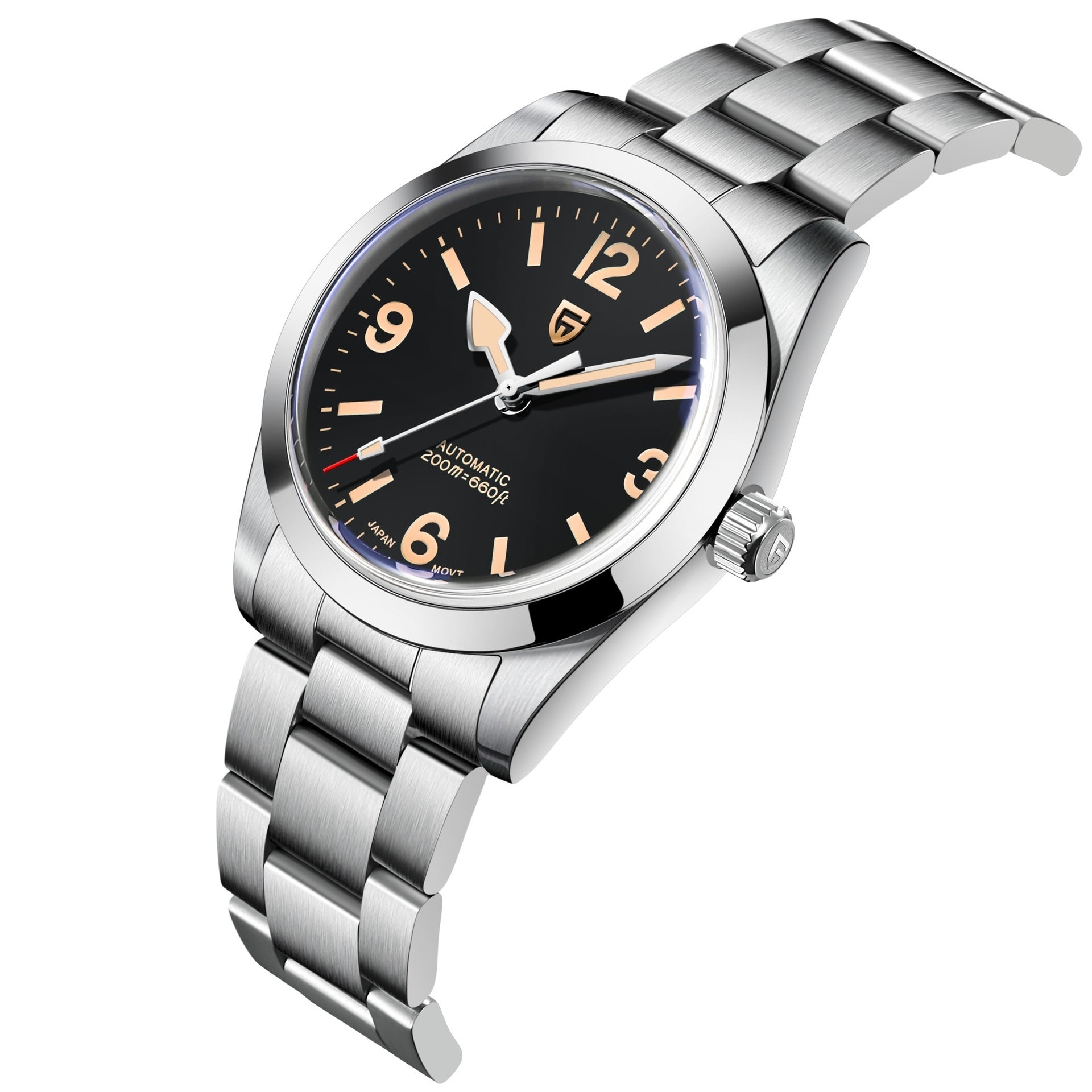 Silver wristwatch with black dial on a white background
