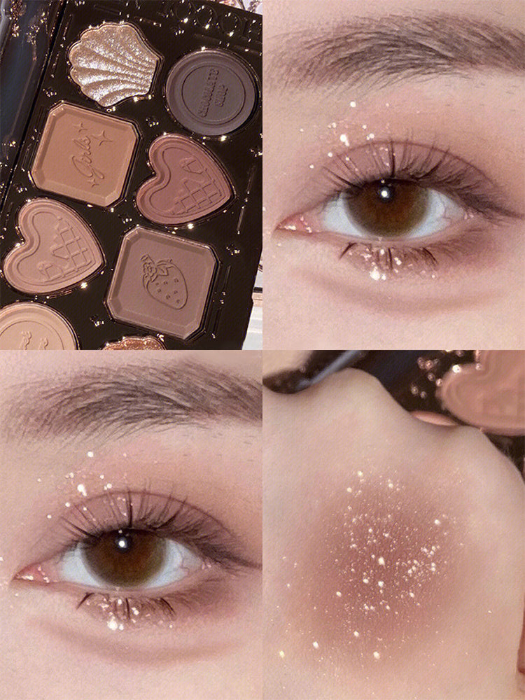 Makeup palette with heart-shaped cases, close-up of eyes with glittery makeup, and glittery eye shadow.