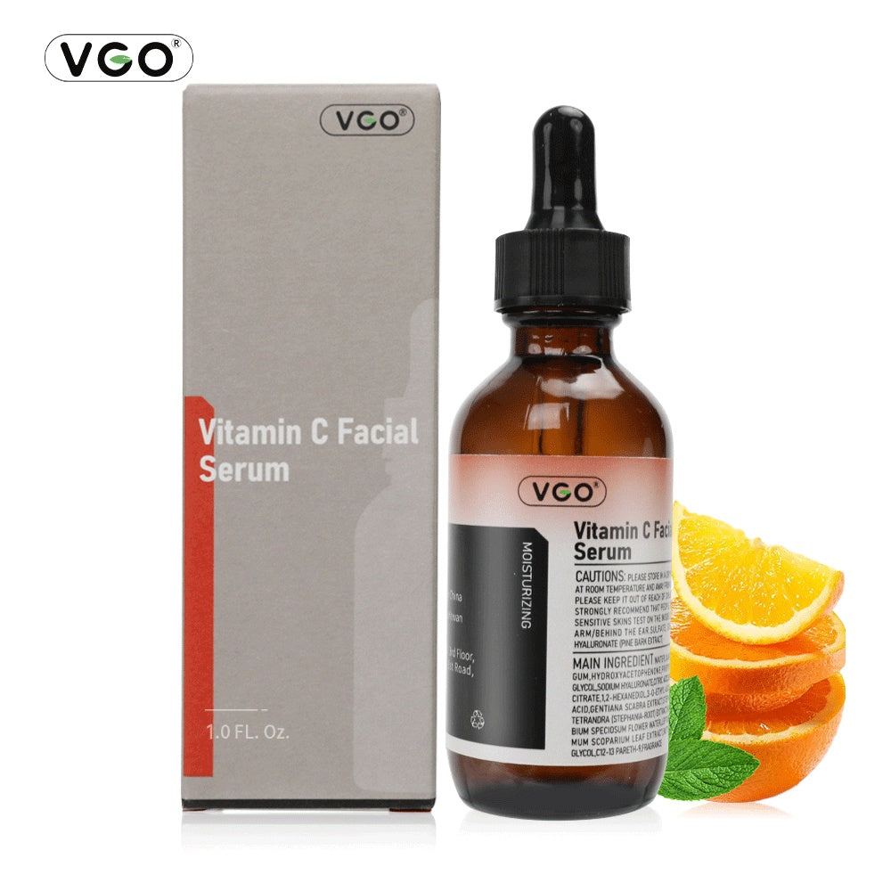 VGO Vitamin C Facial Serum bottle and packaging with oranges and mint leaves on a white background