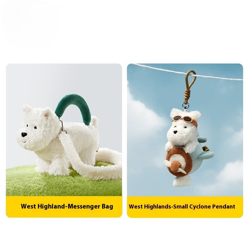 Two plush toy figures, one as a messenger bag and the other as a pendant, on a grassy and sky background respectively.