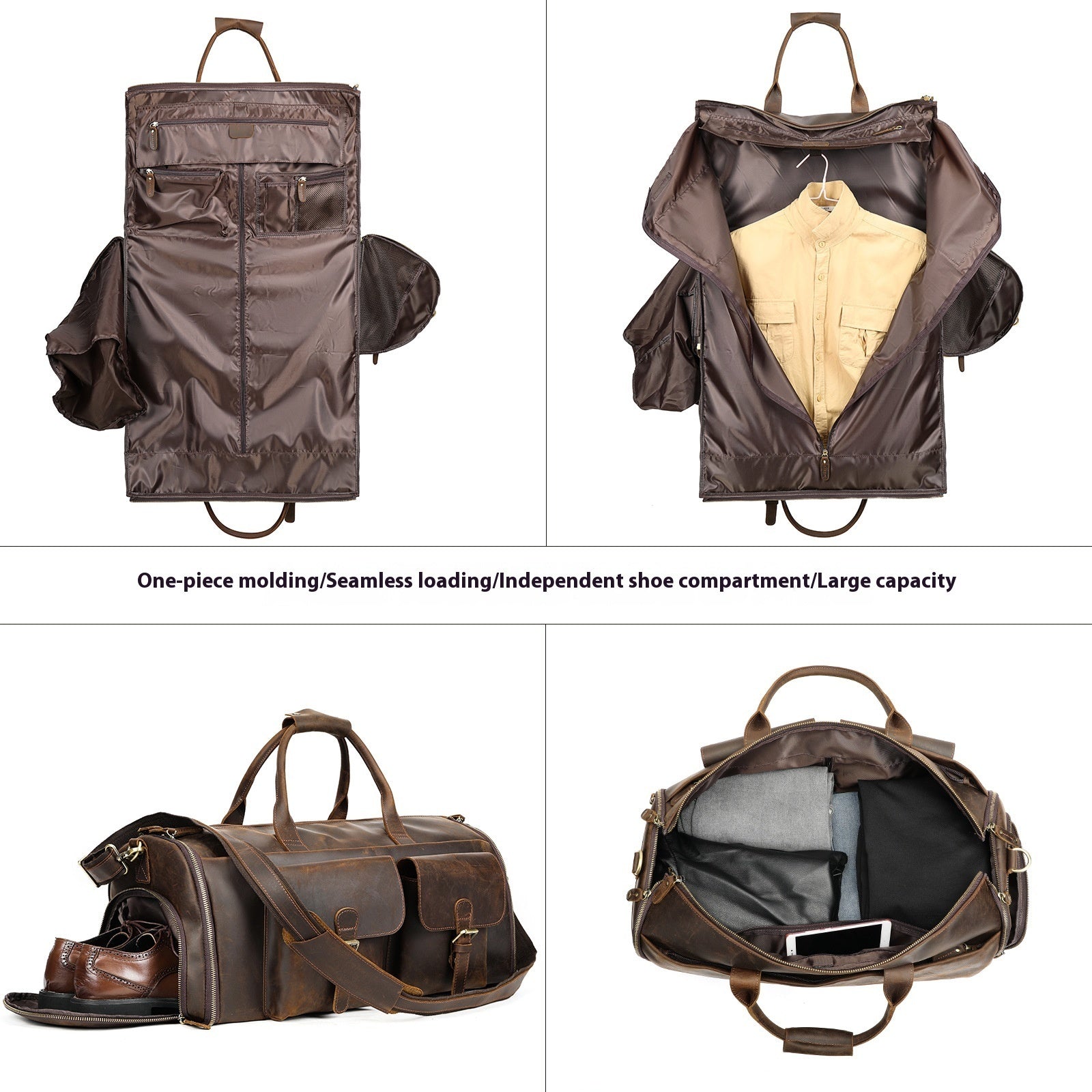 Brown travel bag with multiple views and features highlighted on a white background