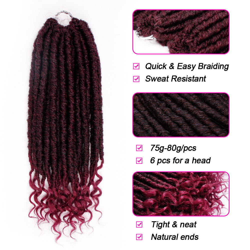 Burgundy synthetic hair extensions with product features on a white background