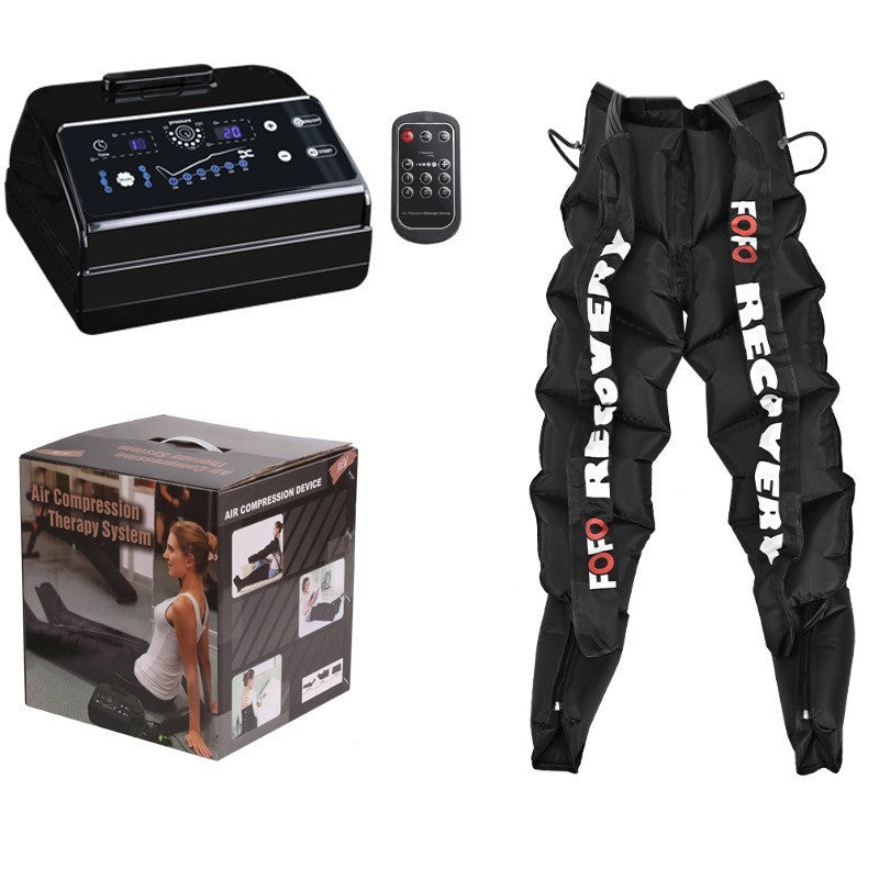 Air compression therapy system with control panel, remote, and 'FOX RECOVERY' branded pants on a white background.