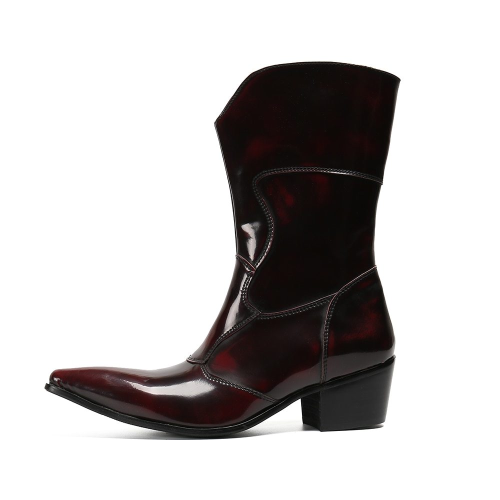 Shiny brown leather boot on a white background