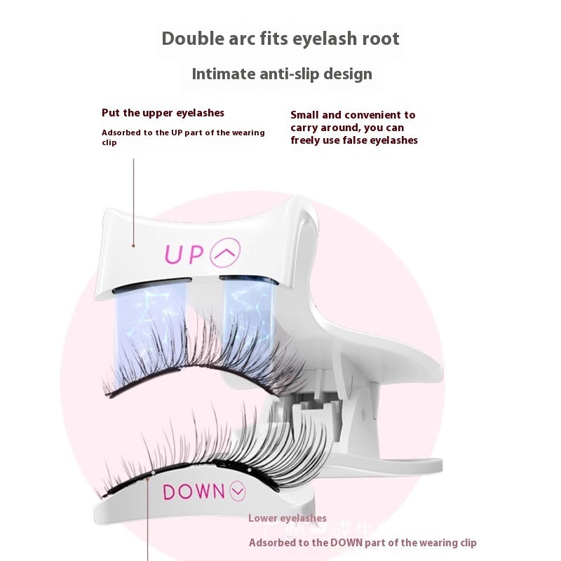 False eyelashes with a white holder on a pink background, featuring text about the product's design and features.