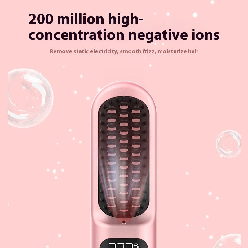 Pink hair straightener with text on a pink background