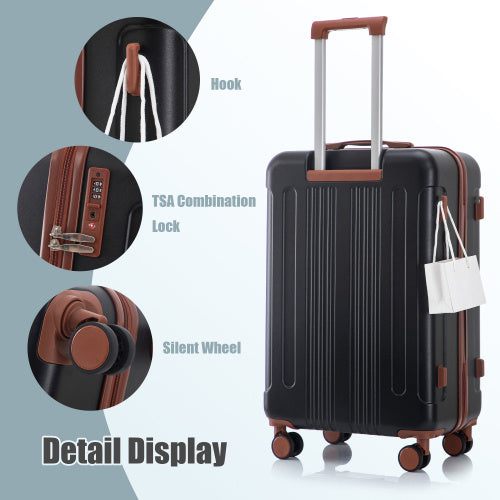 Black suitcase with brown accents and features highlighted on a white background