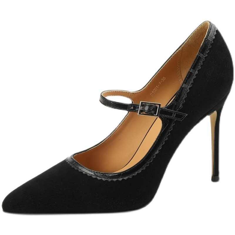 Black high-heeled shoe with a strap on a white background