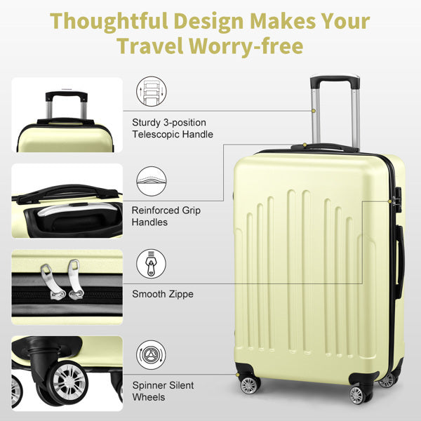Beige suitcase with features highlighted on a white background