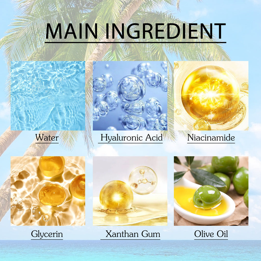 Collage of skincare product ingredients with labels on a blue background