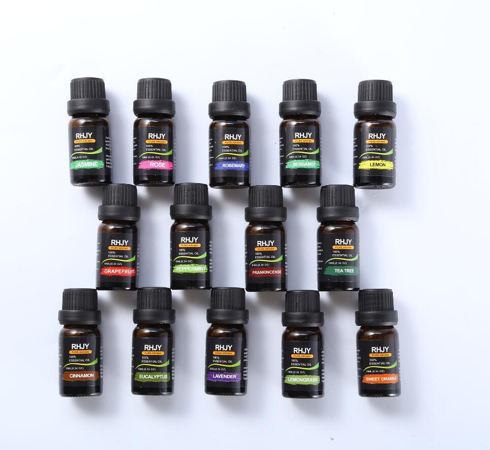 Collection of RHYU essential oil bottles on a white background