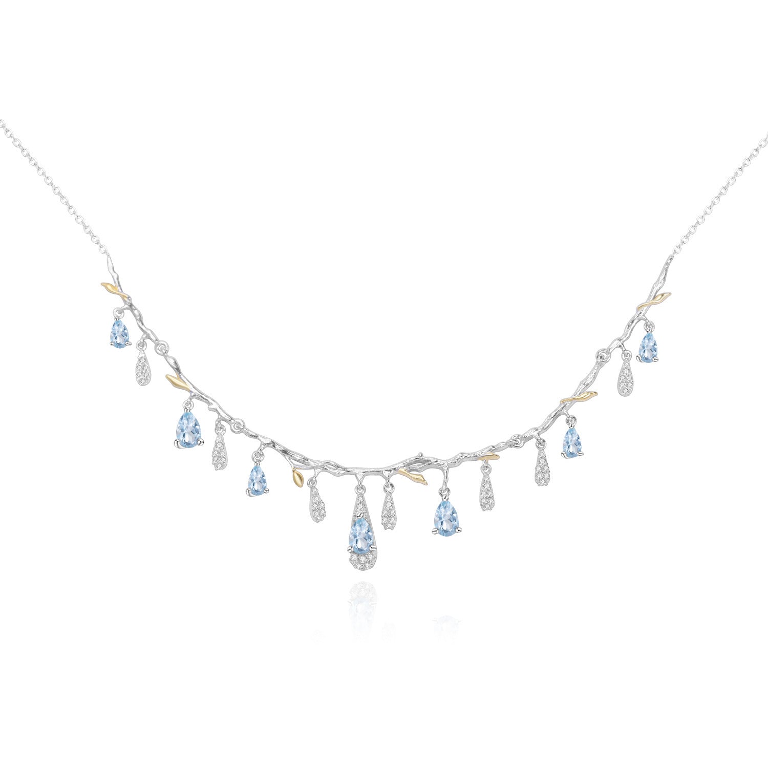 Delicate necklace with teardrop-shaped crystals on a white background