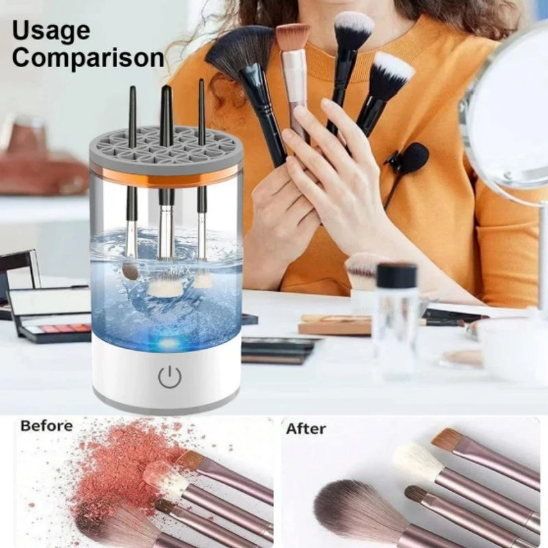 Person holding makeup brushes next to a cleaning device with 'Usage Comparison' text.