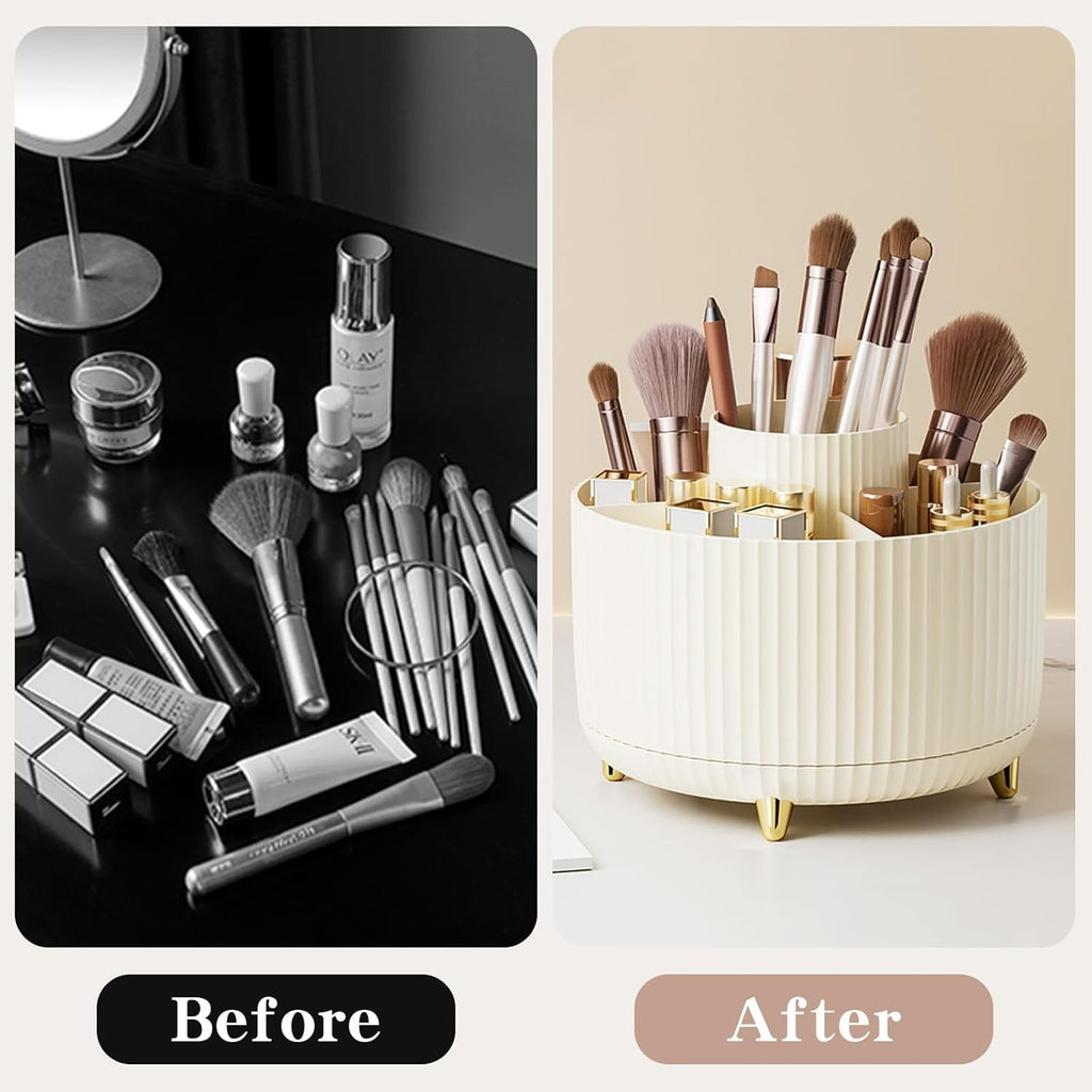 Before and after comparison of makeup organization with a white organizer.