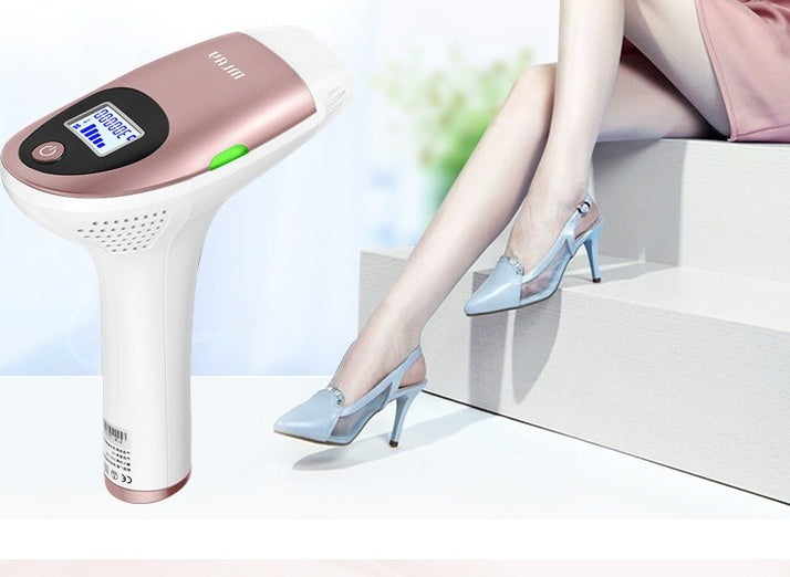 Hair removal device with a person wearing high heels in the background