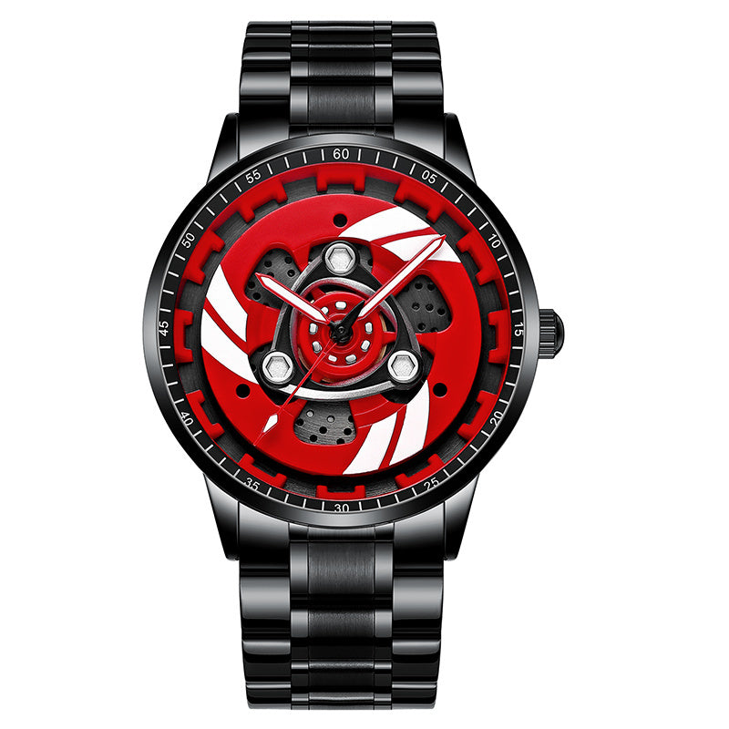Watch with a red and black design on a white background