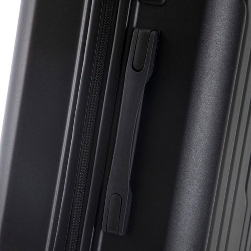 Close-up of a black suitcase handle and zipper on a white background