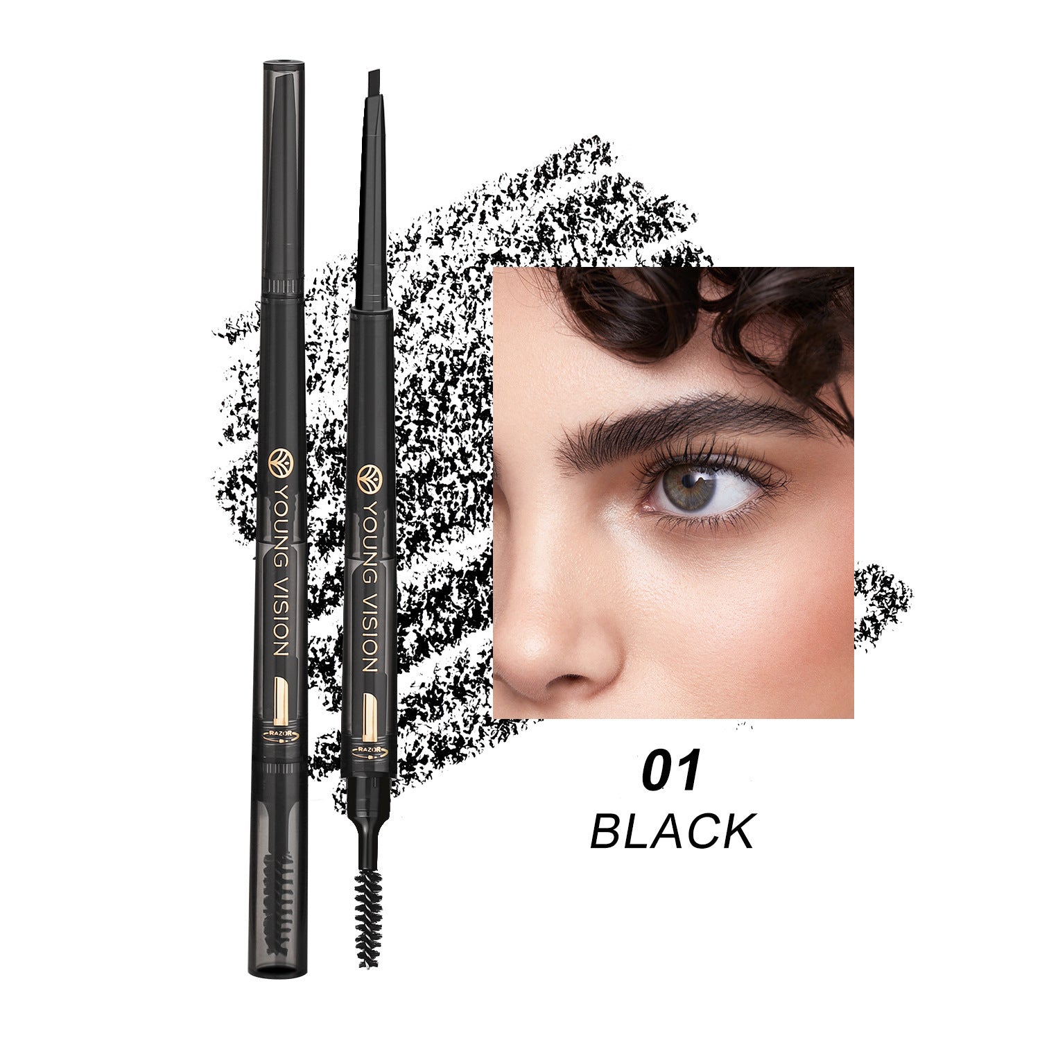 Eyebrow pencil with a close-up of an eye and eyebrow, labeled '01 Black'.