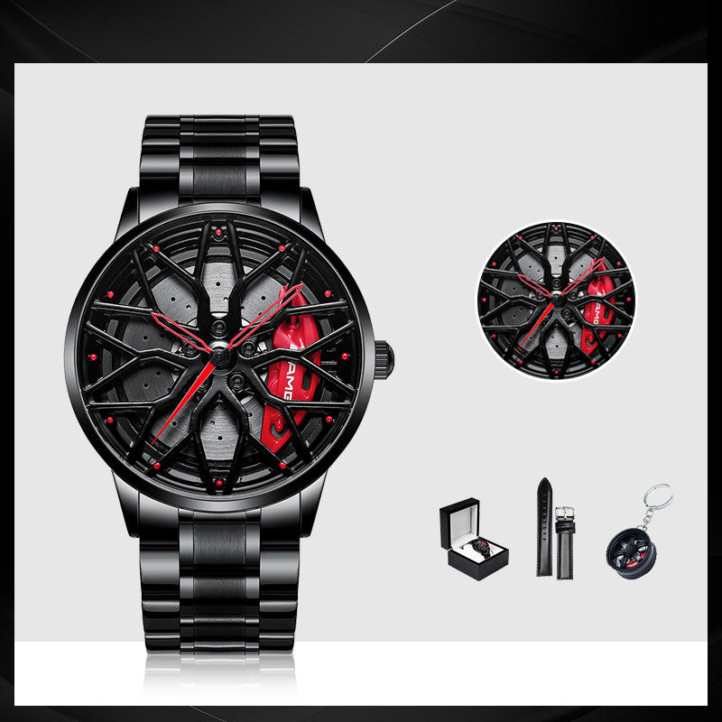 Black wristwatch with red accents and additional accessories on a white background