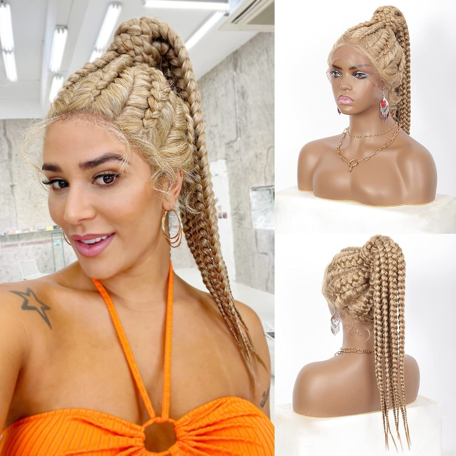 Woman with braided hair styled in a high ponytail, next to a mannequin head with the same hairstyle.