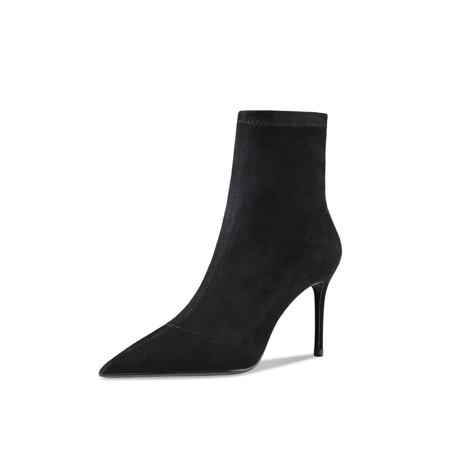 Black ankle boot with a high heel on a white background