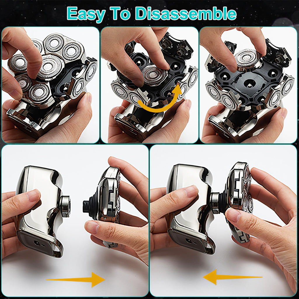Step-by-step process of disassembling and reassembling a metallic object with arrows indicating the actions.